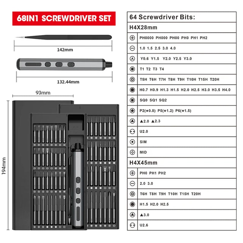 Cordless Electric Screwdriver Set 68 in 1 Precision Screwdriver Set Magnetic Screw Driver Bits Fast Charging with LED Light