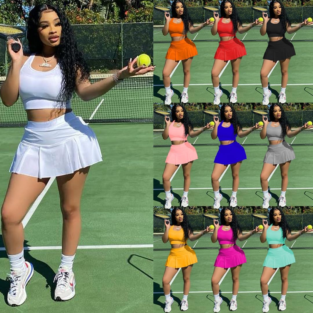 Womens Casual Sports 2 Piece Outfits Skirt Sets Athletic Tank Crop Top Tennis Golf Skorts Skirts Activewear