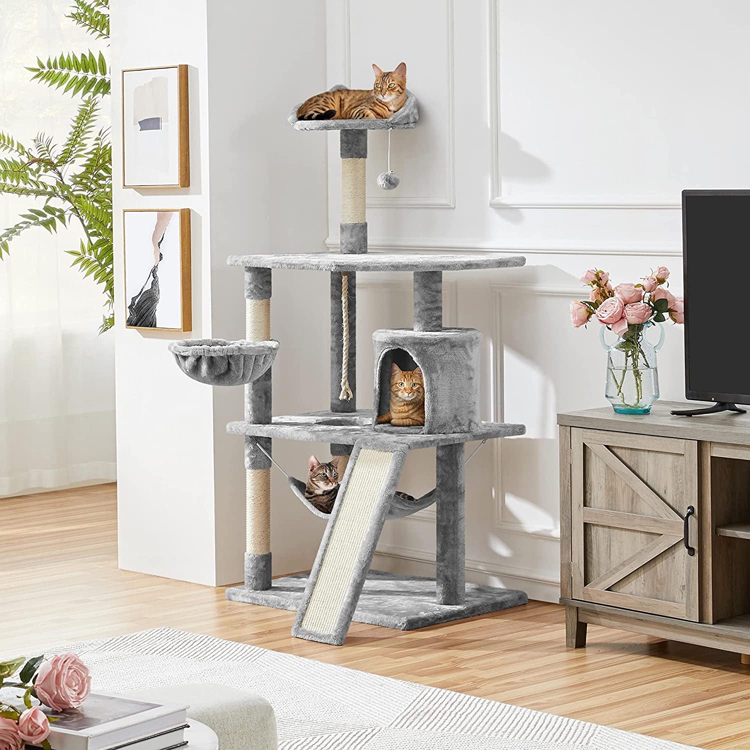 63.5In Multi-Level Cat Tree Tower Condo with Scratching Posts, Platform & Hammock, Cat Activity Center Play Furniture for Kittens, Cats, and Pets