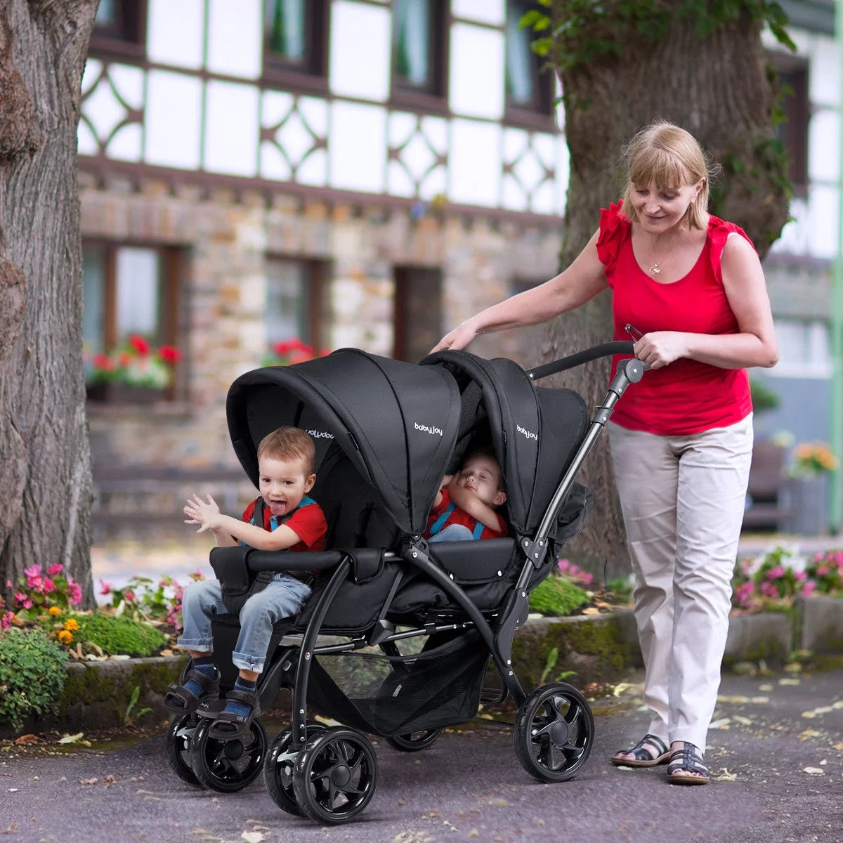 Foldable Double Baby Stroller Lightweight Front & Back Seats Pushchair Black