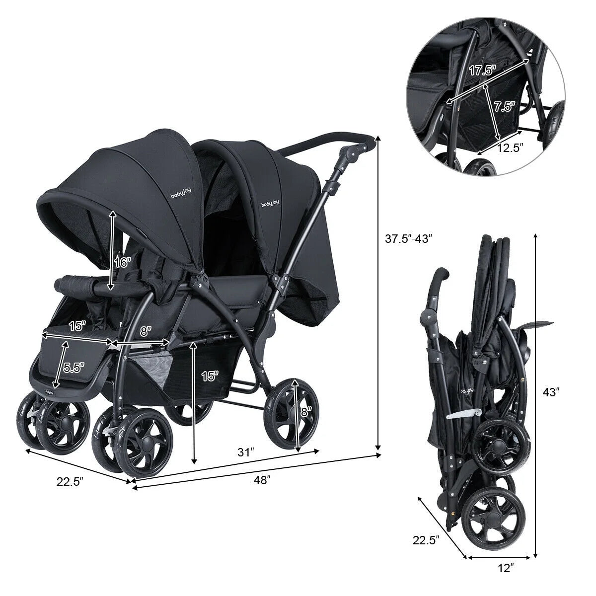 Foldable Double Baby Stroller Lightweight Front & Back Seats Pushchair Black