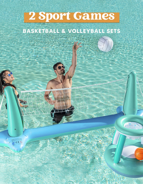 Load image into Gallery viewer, Inflatable Pool Float Game Set with Inflatable Volleyball Net &amp; Basketball Hoops, Summer Pool Game for Kids and Adults - Dark Blue
