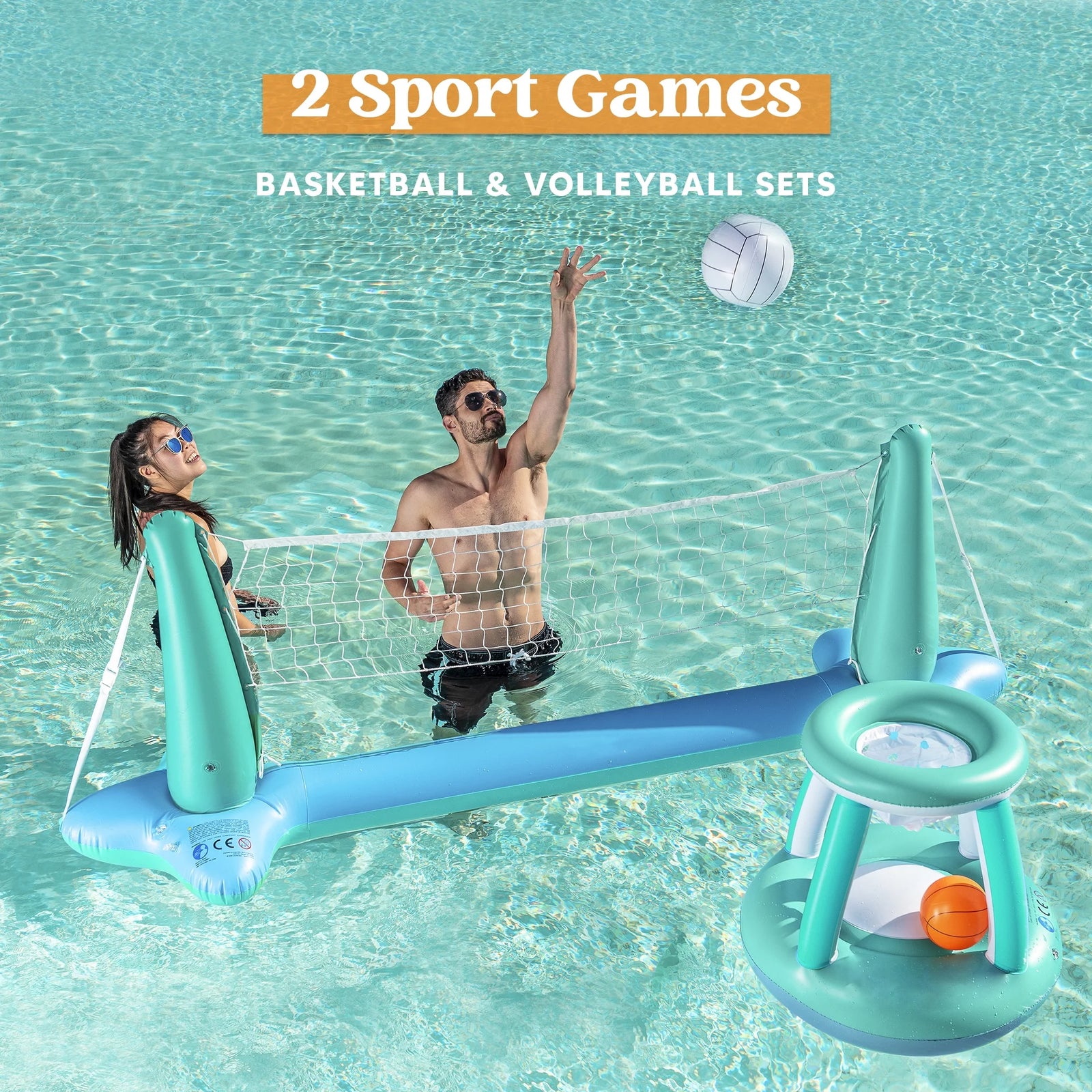 Inflatable Pool Float Game Set with Inflatable Volleyball Net & Basketball Hoops, Summer Pool Game for Kids and Adults - Dark Blue