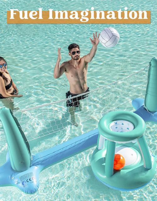 Load image into Gallery viewer, Inflatable Pool Float Game Set with Inflatable Volleyball Net &amp; Basketball Hoops, Summer Pool Game for Kids and Adults - Dark Blue
