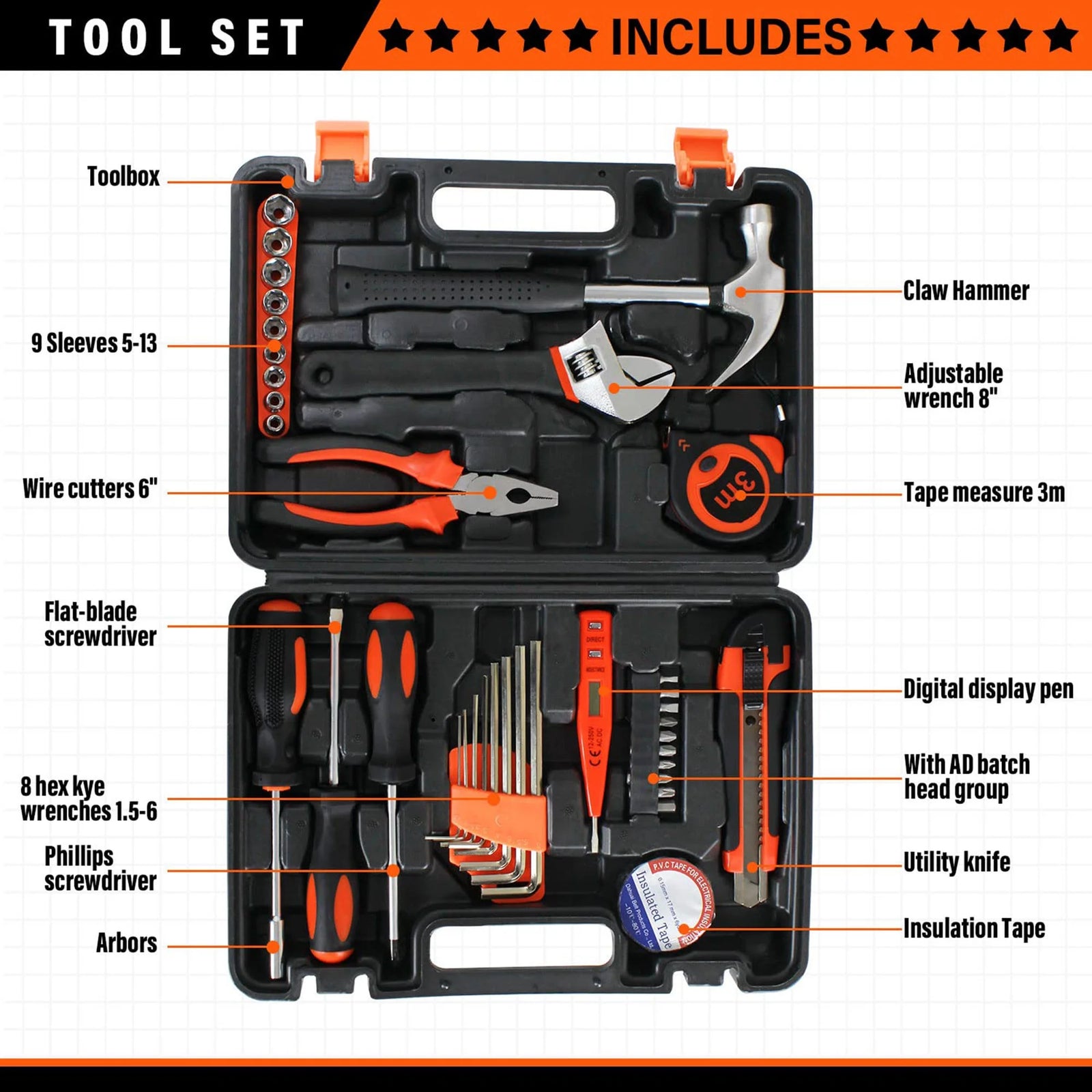 38 Piece Hand Tool Set, General Tool Kits for Household, Auto Hand Tool Kit with Plastic Tool Box Storage Case for DIY Home Repair, Mechanical Repair