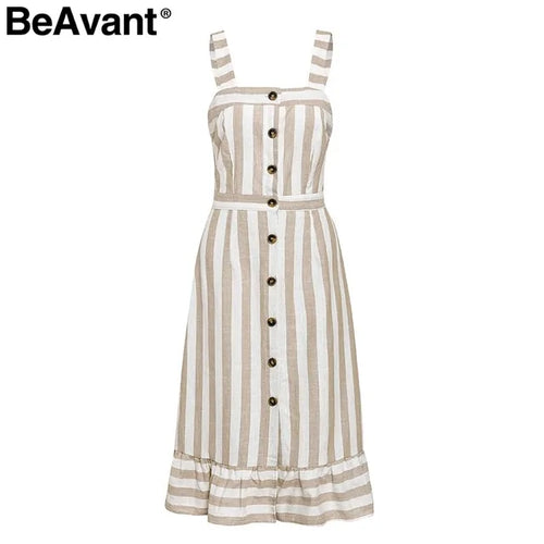 Load image into Gallery viewer, BeAvant Casual striped linen cotton dress women Button strap beach summer dress 2019 Sexy backless midi ladies dresses vestidos
