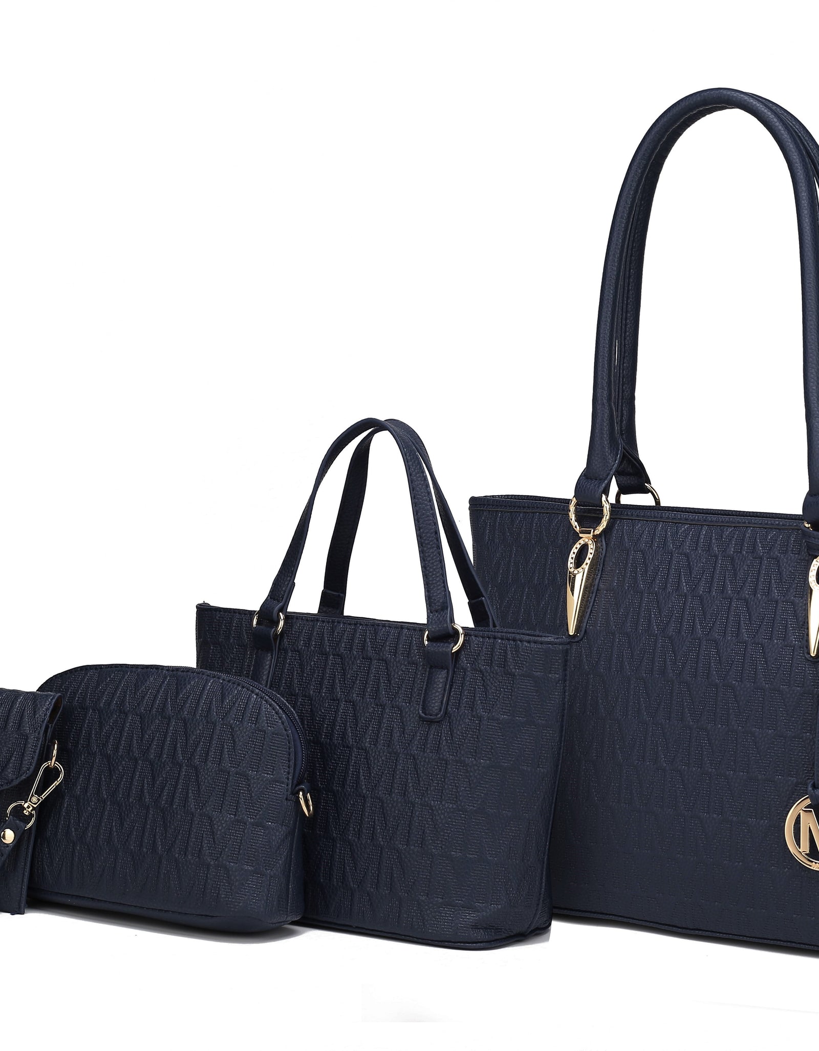 Vegan Leather Women'S Tote Bag, Small Tote Handbag, Pouch Purse & Wristlet Wallet Bag 4 Pcs Set by Mia K - Navy