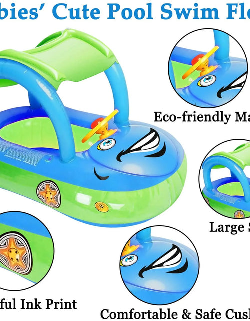 Load image into Gallery viewer, Baby Swimming Pool Float Boat Inflatable Baby Pool Toys with UPF 50+ Canopy Kids Water Toys Beach Suit for Toddler Light Blue
