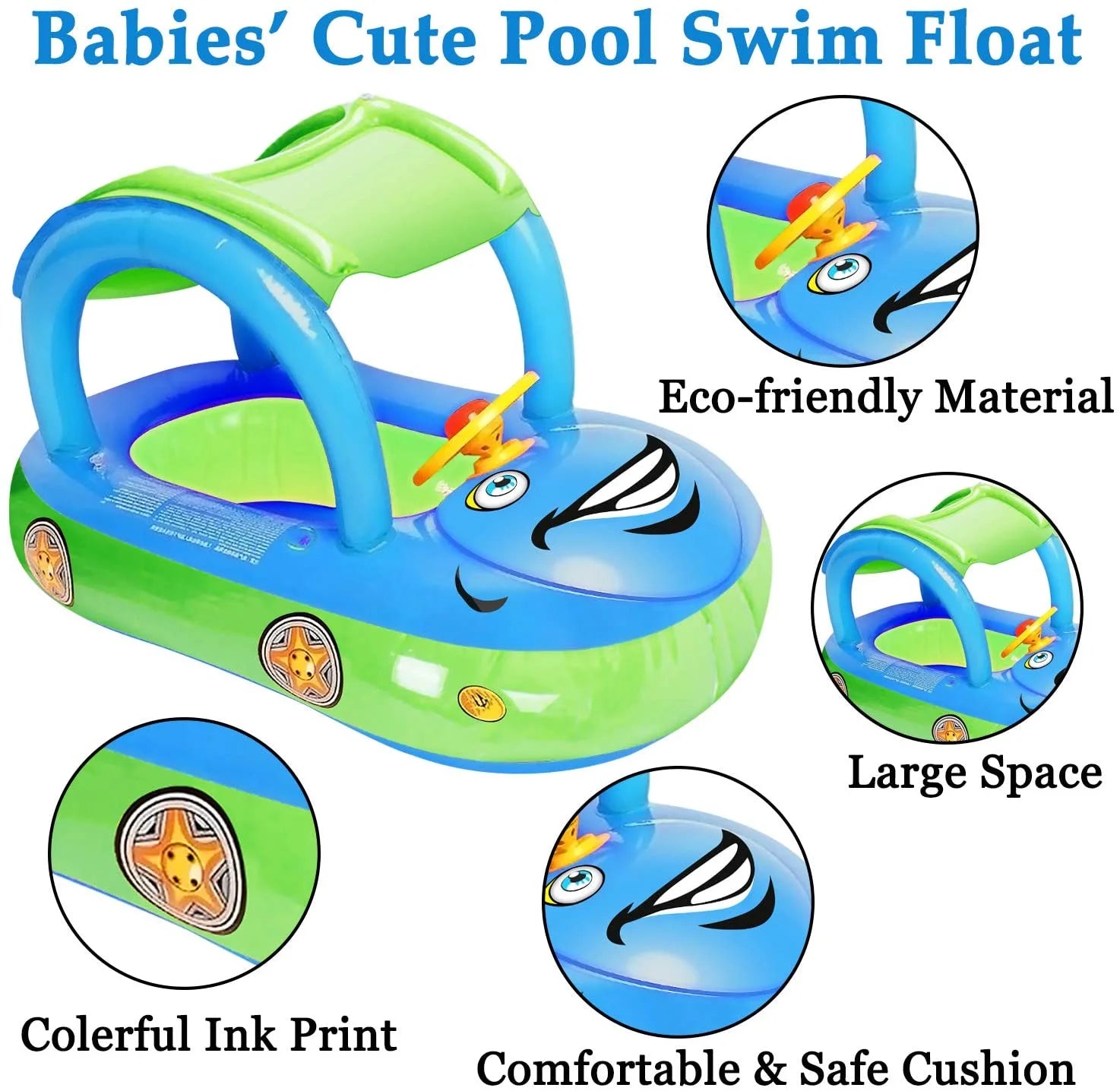 Baby Swimming Pool Float Boat Inflatable Baby Pool Toys with UPF 50+ Canopy Kids Water Toys Beach Suit for Toddler Light Blue