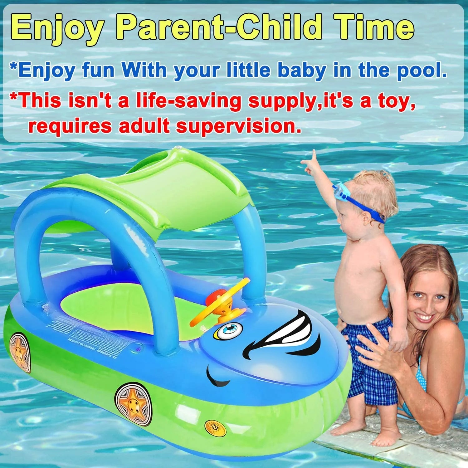 Baby Swimming Pool Float Boat Inflatable Baby Pool Toys with UPF 50+ Canopy Kids Water Toys Beach Suit for Toddler Light Blue