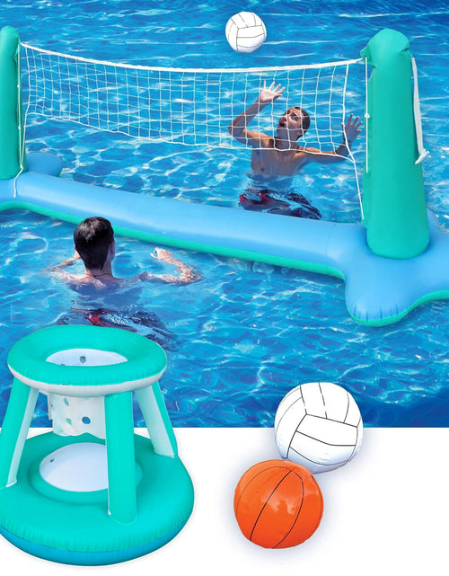 Load image into Gallery viewer, Inflatable Pool Float Game Set with Inflatable Volleyball Net &amp; Basketball Hoops, Summer Pool Game for Kids and Adults - Dark Blue
