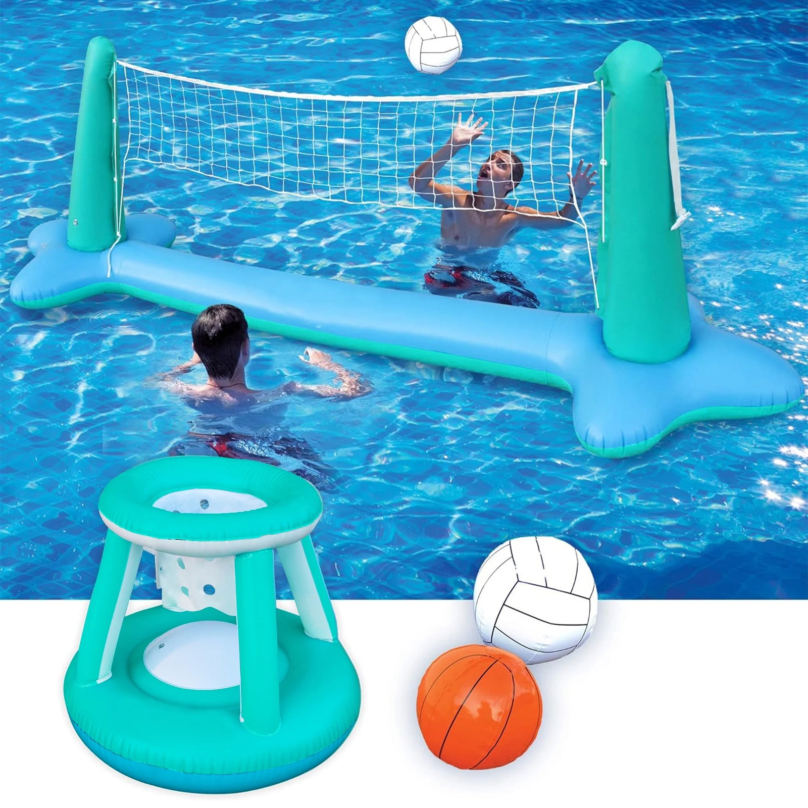 Inflatable Pool Float Game Set with Inflatable Volleyball Net & Basketball Hoops, Summer Pool Game for Kids and Adults - Dark Blue