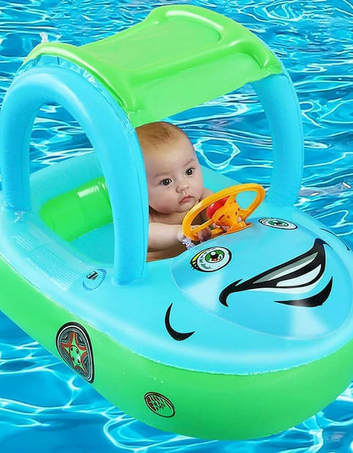 Load image into Gallery viewer, Baby Swimming Pool Float Boat Inflatable Baby Pool Toys with UPF 50+ Canopy Kids Water Toys Beach Suit for Toddler Light Blue
