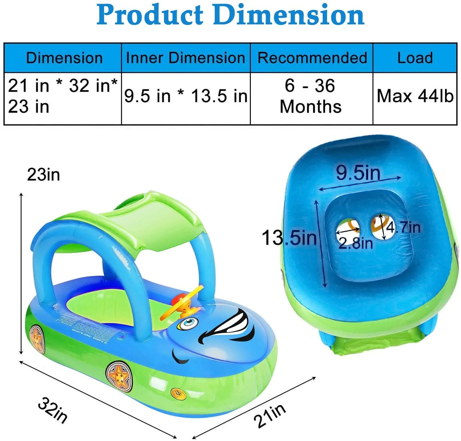 Baby Swimming Pool Float Boat Inflatable Baby Pool Toys with UPF 50+ Canopy Kids Water Toys Beach Suit for Toddler Light Blue